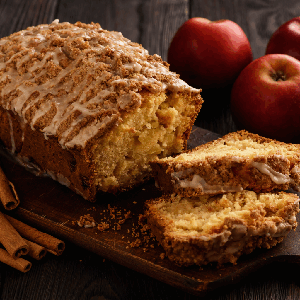 Apple Bread loaf freshly backed and cut open to reveal inside.