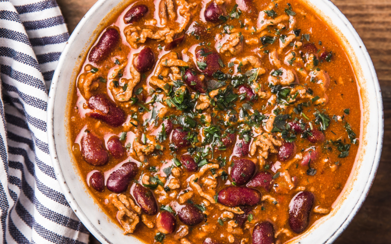 Bowl featuring savory bean chili