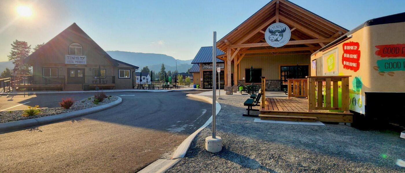 Golden hour image of Simpcw First Nations owned Teniye Local Market.