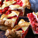 Slices of rhubarb pie with cross-hatched top crust and the bright red filling displayed prominently.