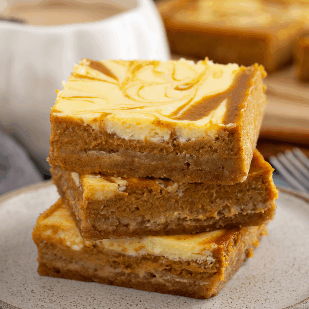 Three stacked pieces of Pumpkin Cheesecake