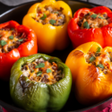 Red yellow and green stuffed bell pepper roasted until caramelized.